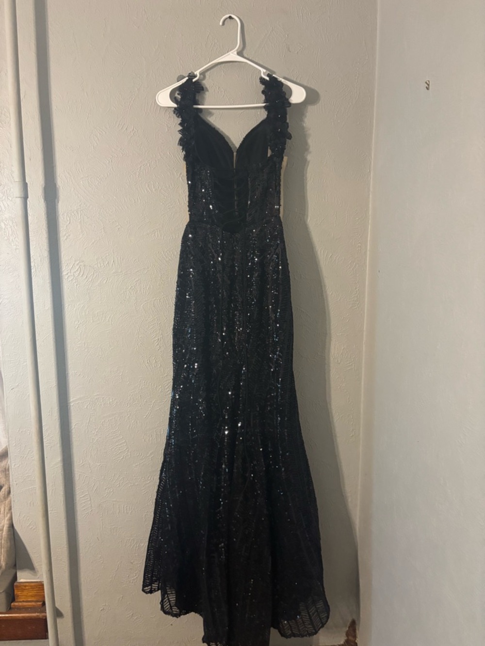 Black Sequin Maxi Dress with Floral Straps
